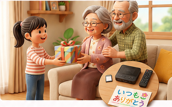 孫からプレゼントを受け取り、テレビで試合映像を一緒に楽しむ祖父母