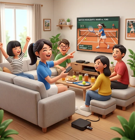 メディアプレーヤーでテレビに映した試合映像を見て盛り上がる家族